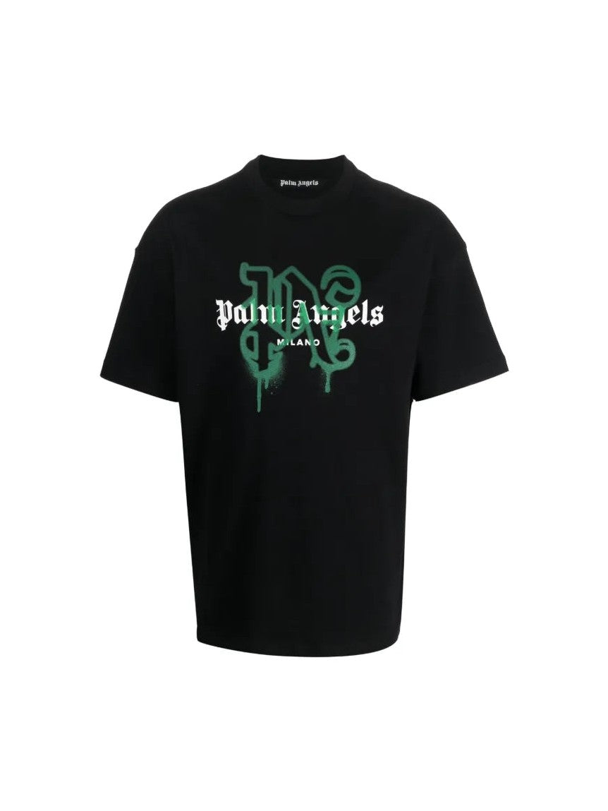 1015805 Palm Angels Milano Monogram Print Spray Green Black Tee