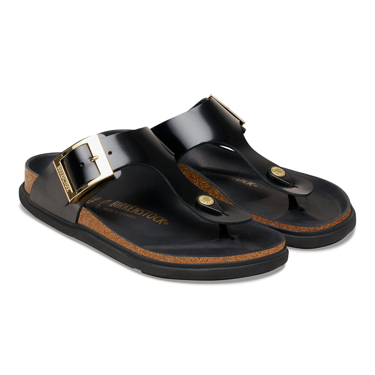 Birkenstock Gizeh Droplet Buckle Natural Leather Patent High Shine Black