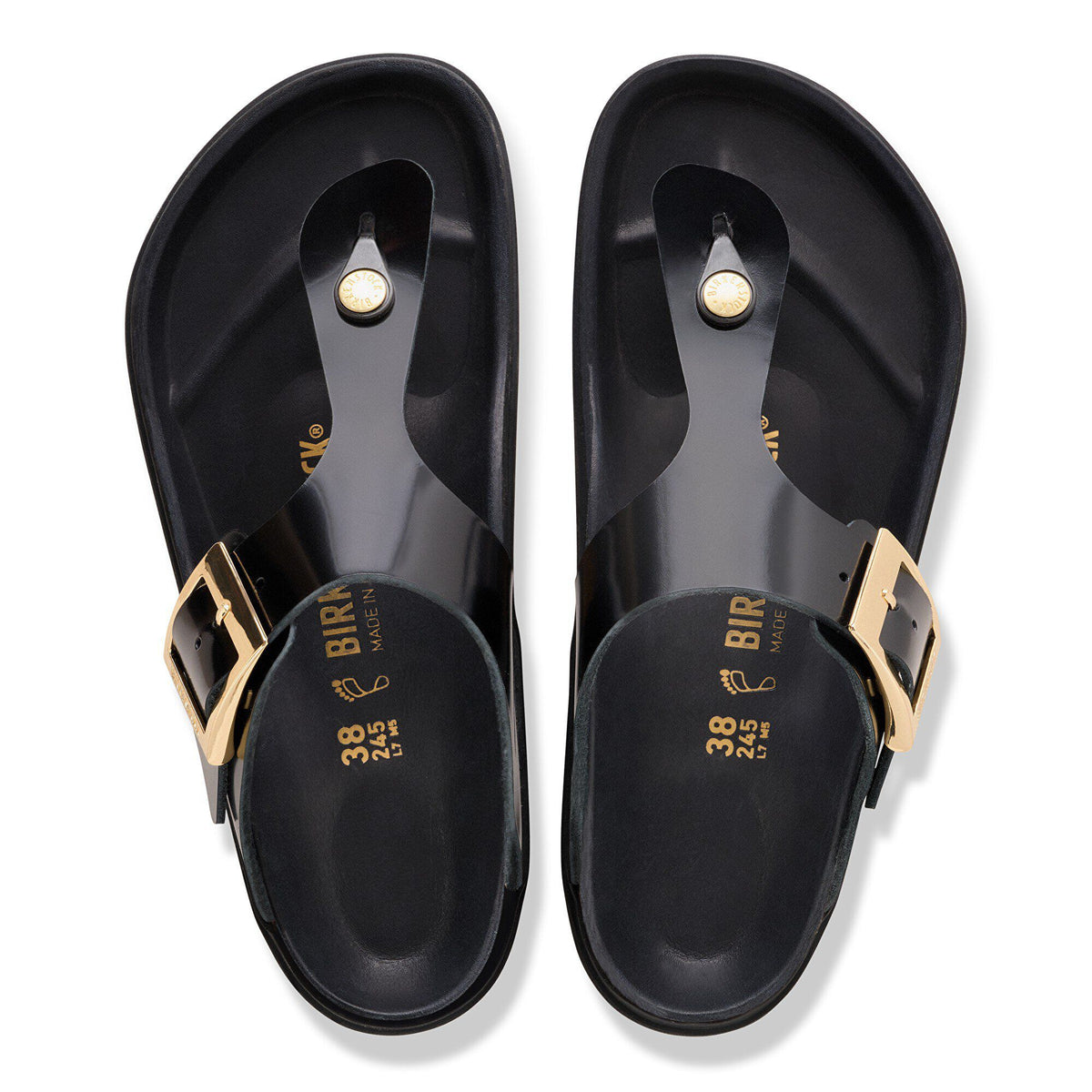 Birkenstock Gizeh Droplet Buckle Natural Leather Patent High Shine Black