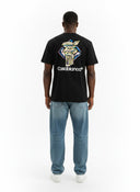 Camiseta negra de One Kickz con estampado de columna de diamante de Casablanca y logo en blanco.