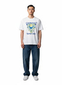One Kickz Casablanca Tennis Club Icon Butterfly Print White T-shirt. White cotton t-shirt with blue and yellow butterfly and tennis ball graphic.
