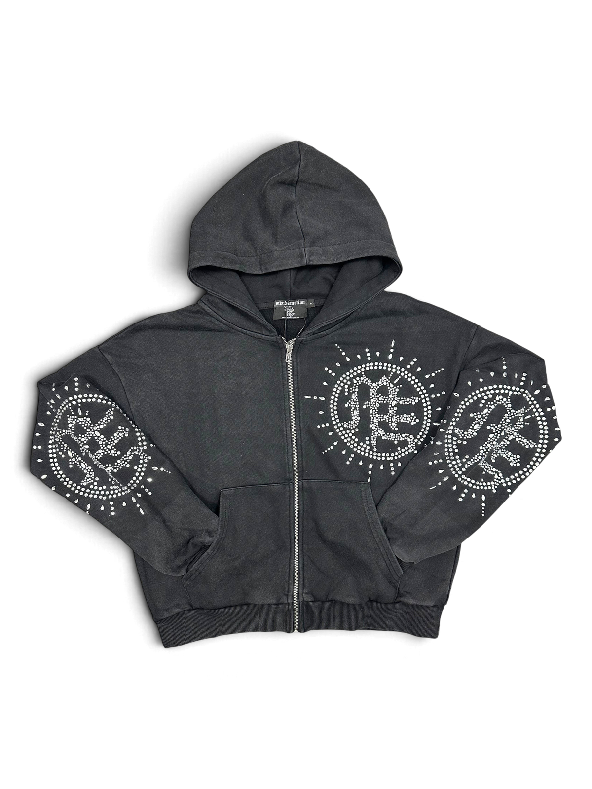 Mixed Emotions Eclipse' Grey Acid Wash Rhinestone Hoodie