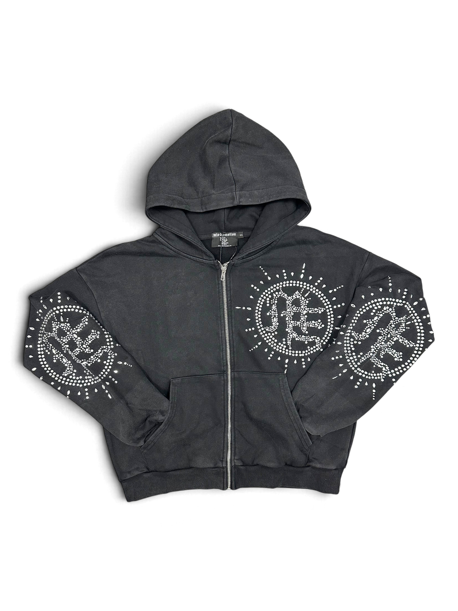 Mixed Emotions Eclipse' Grey Acid Wash Rhinestone Hoodie