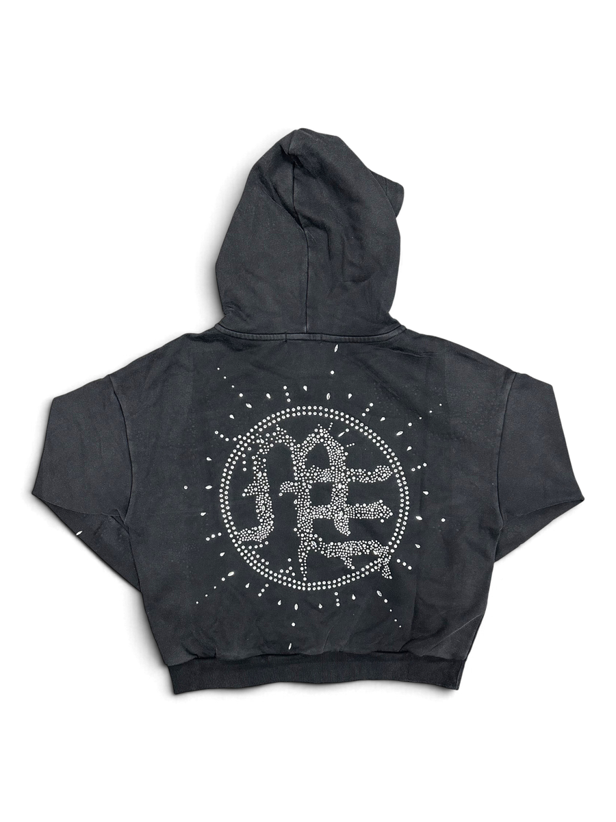 Mixed Emotions Eclipse' Grey Acid Wash Rhinestone Hoodie