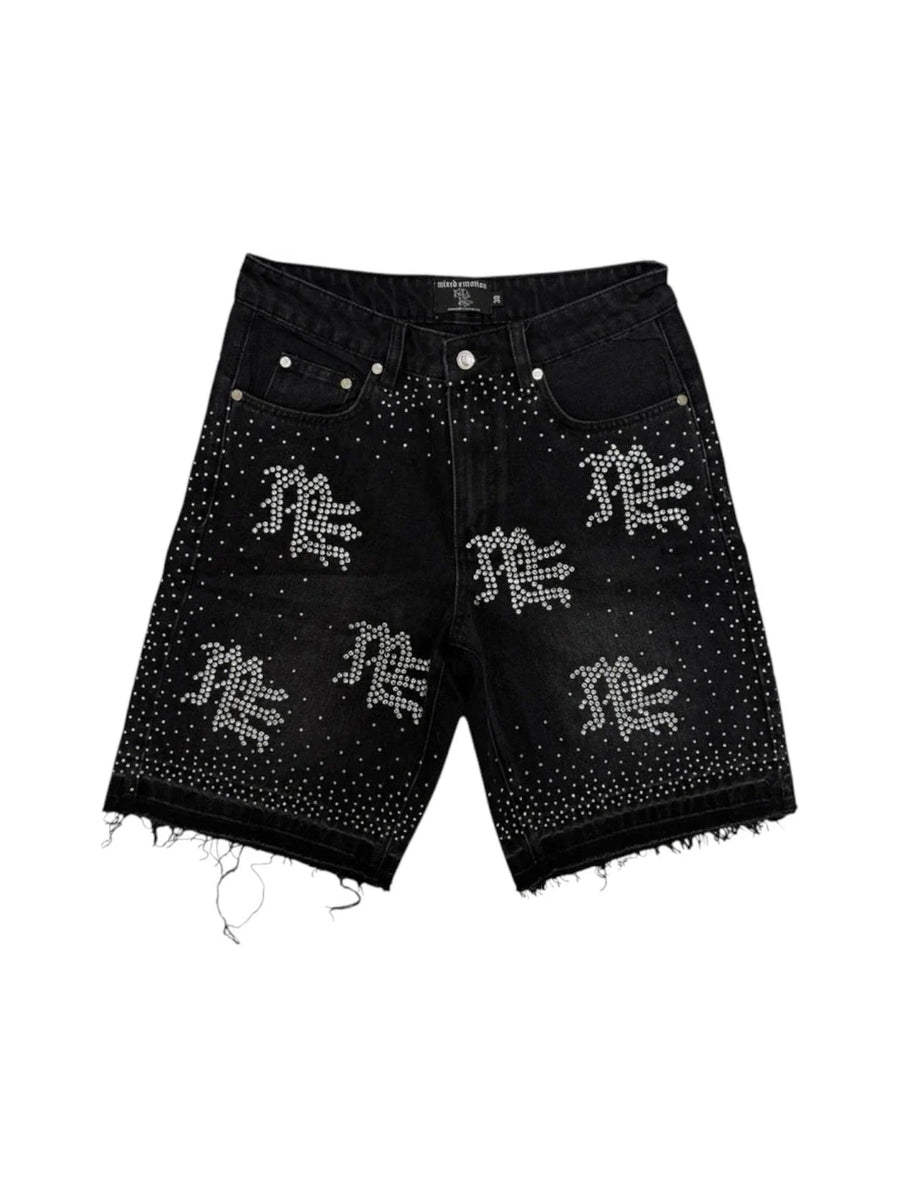 Mixed Emotions ME Rhinestone Denim Shorts Black