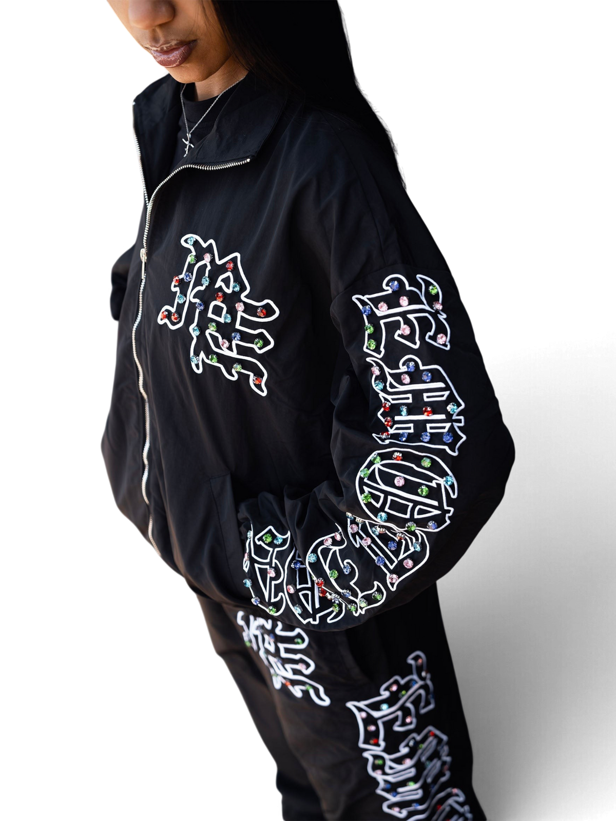 Mixed Emotions "ME" Rhinestone Nylon Jacket