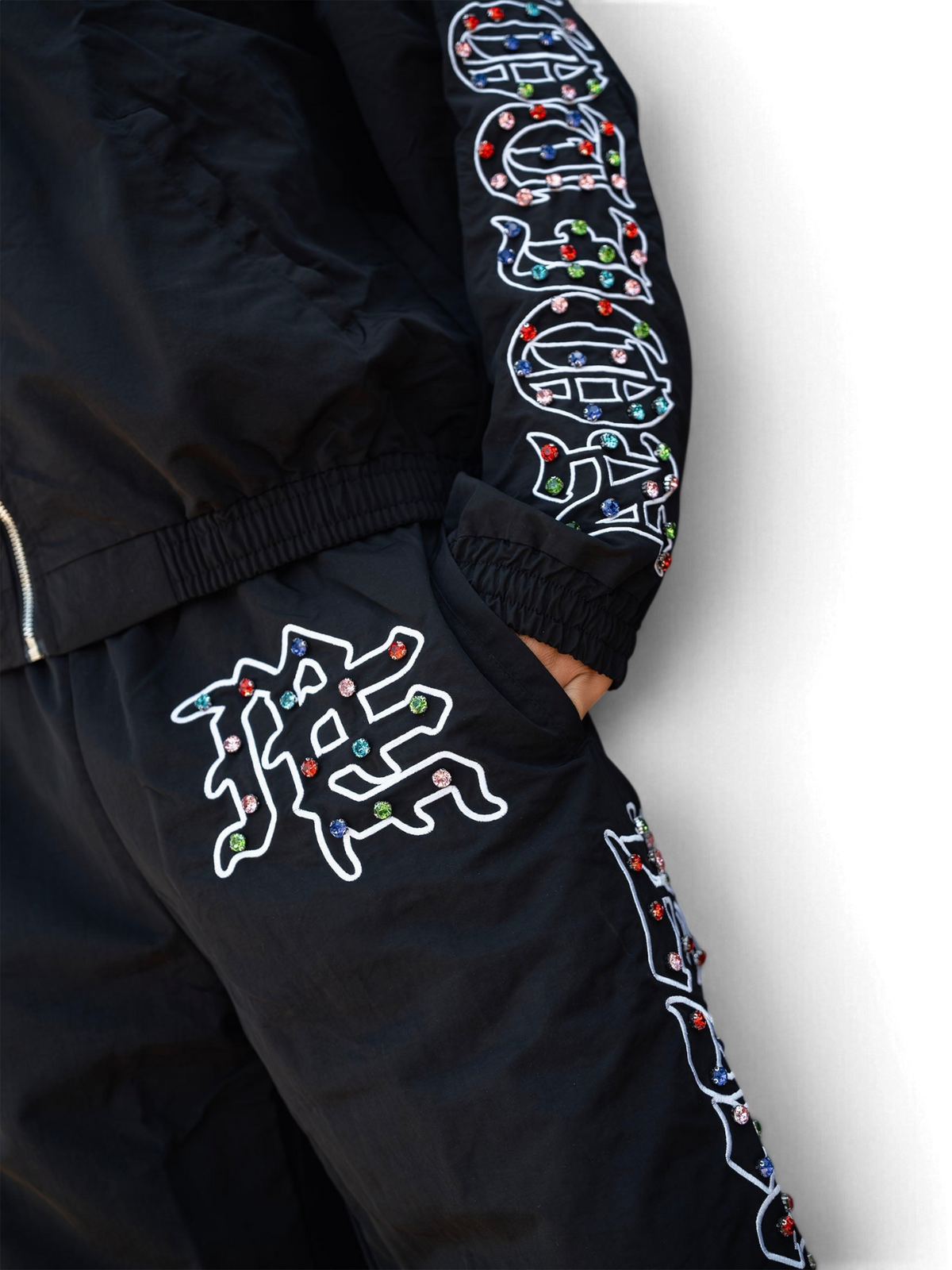 Mixed Emotions "ME" rhinestone Nylon Pants