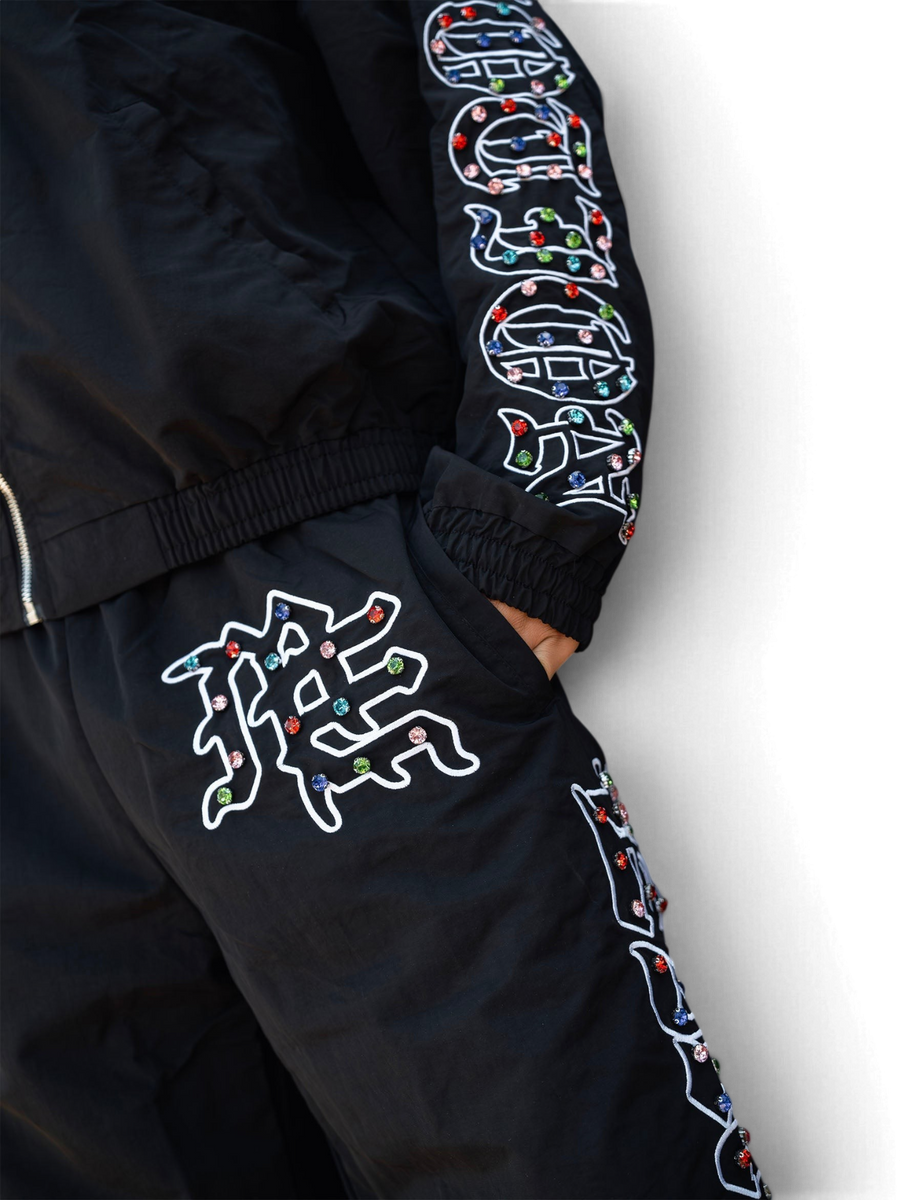 Mixed Emotions "ME" rhinestone Nylon Pants
