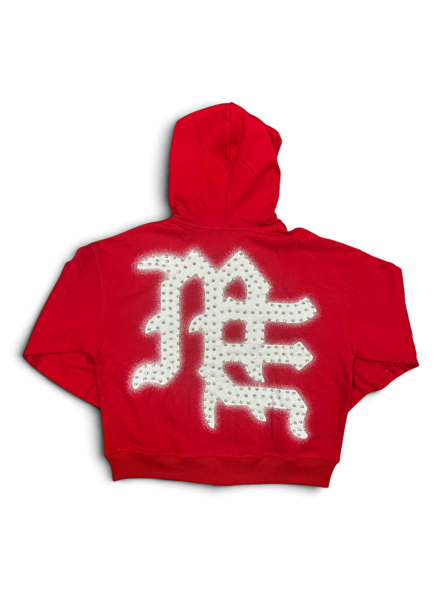 Mixed Emotions Red 'End' Rhinestone hoodie