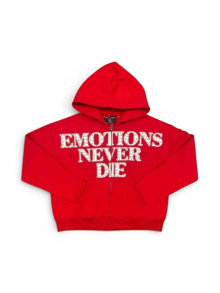 Mixed Emotions Red ‘End’ Rhinestone hoodie