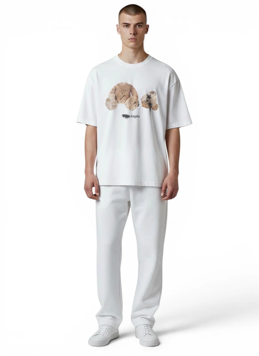 Palm Angels Bear Print Sprayed Logo T-shirt White/Brown