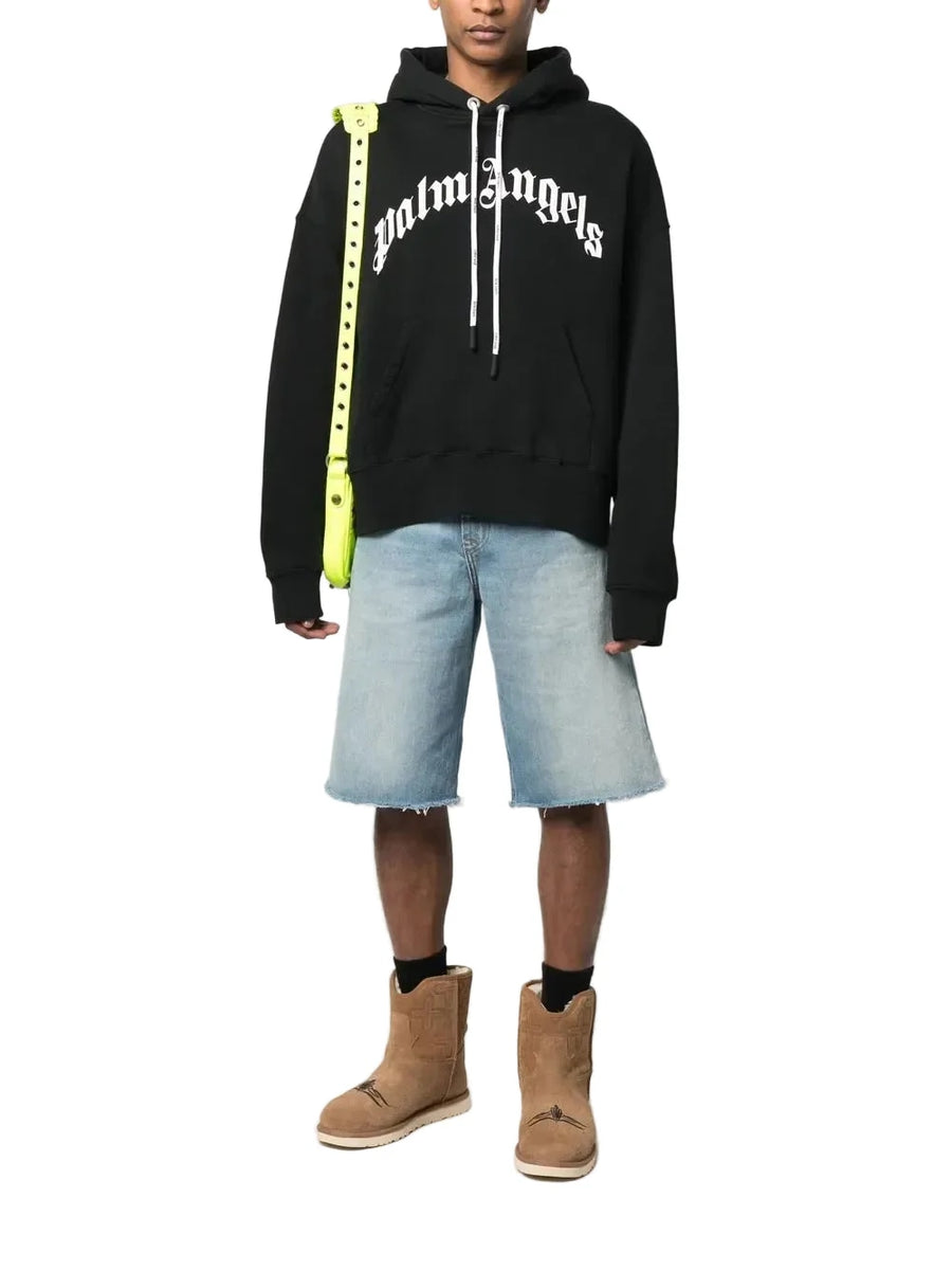 Palm Angels Logo Curved Print Hoodie Black/White