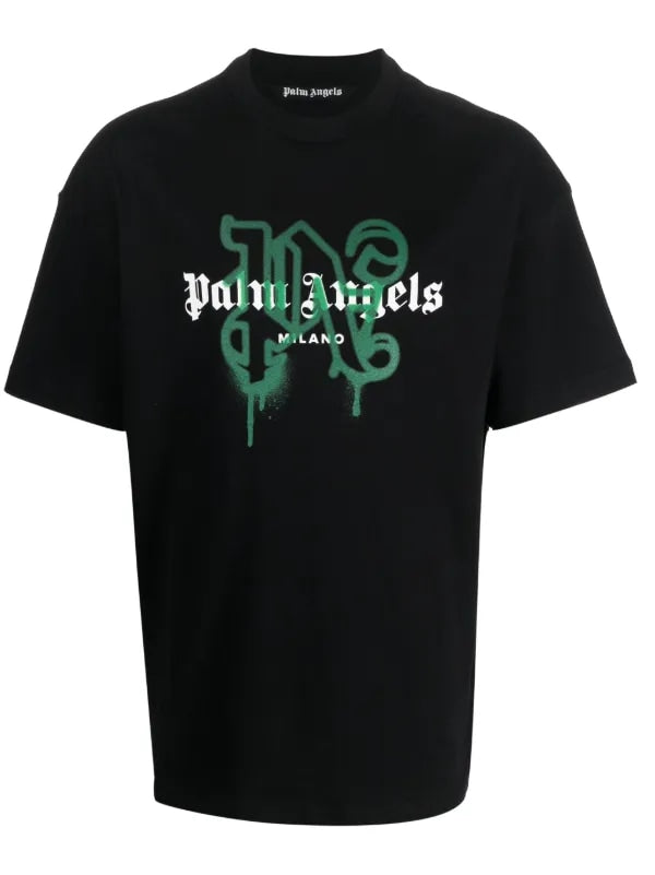 Palm Angels Milano Monogram Print Spray Green Black Tee