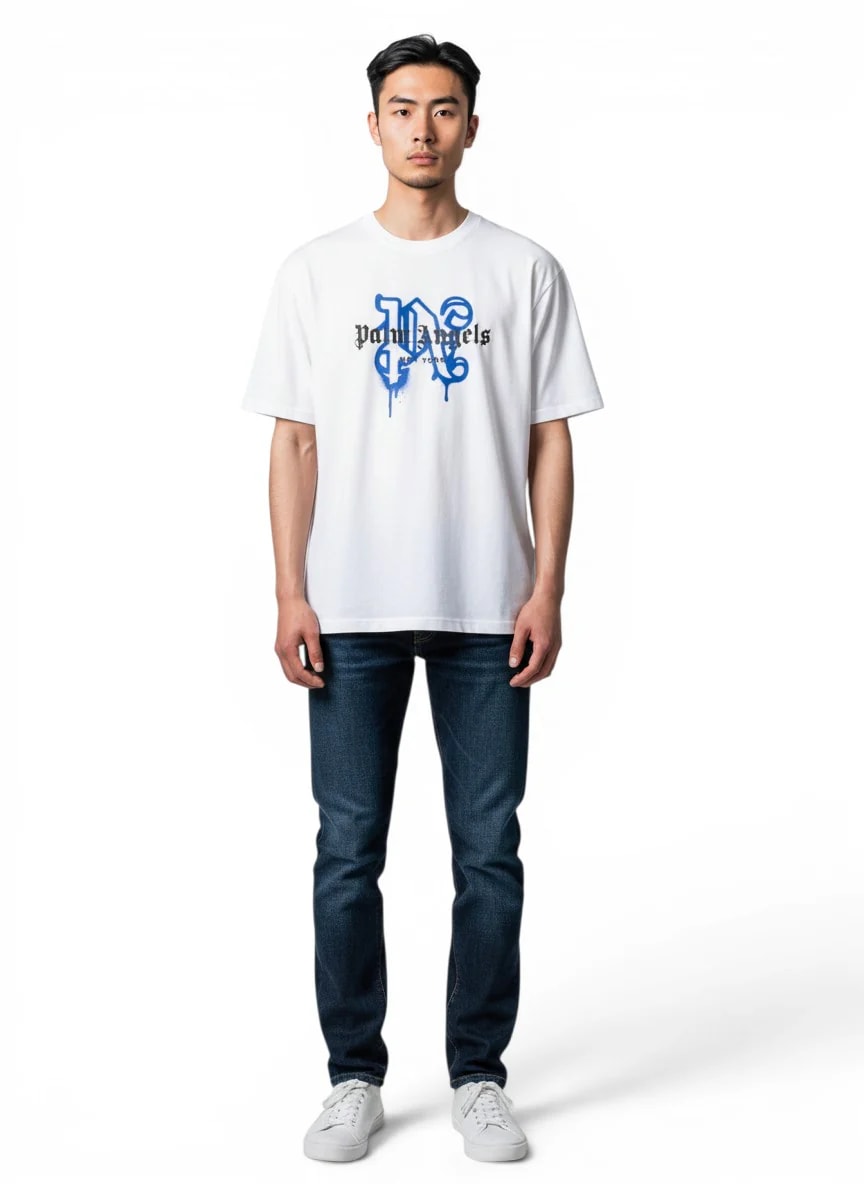 Palm Angels New York Monogram Print White/Blue T-Shirt