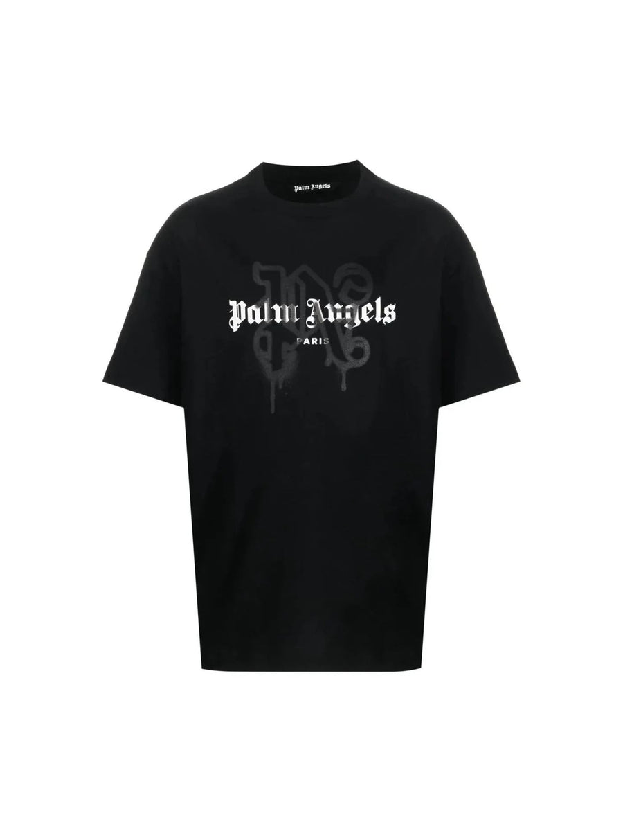 Palm Angels Paris Monogram Spray Logo Black on Black T-shirt