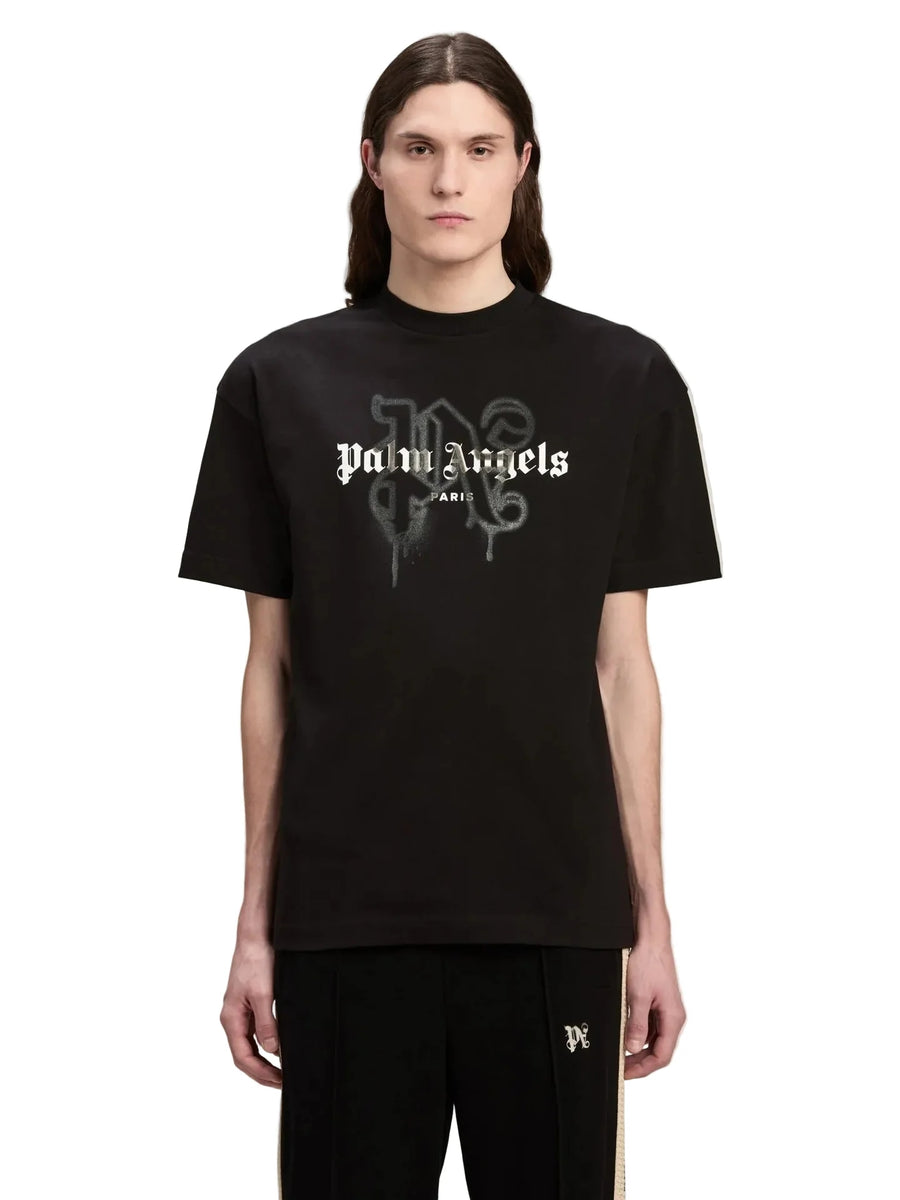 Palm Angels Paris Monogram Spray Logo Black on Black T-shirt