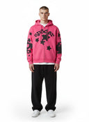 One Kickz Sp5der Beluga Zip Up Hoodie rosa con estampado de estrellas y logo en negro.