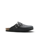 Zueco One Kickz Birkenstock Boston en cuero nubuck aceitado negro con hebilla metálica y plantilla de corcho