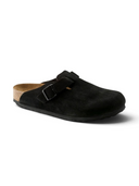 Zueco One Kickz Birkenstock Boston en cuero velour negro con hebilla ajustable y plantilla de corcho