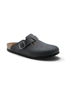 Zueco One Kickz Birkenstock Boston en cuero nubuck aceitado negro con plantilla de corcho y hebilla metálica