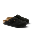 Zuecos One Kickz Birkenstock Boston en ante negro con hebilla ajustable y plantilla de corcho