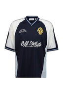 Camiseta de fútbol One Kickz Off-White azul y blanca con cuello en V, confeccionada en algodón con logo bordado.