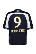 Camiseta de fútbol One Kickz Off-White azul con cuello en V, número 9 amarillo y detalles en blanco