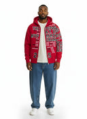One Kickz Supreme League Champs Zip Up Hooded Sweatshirt Red con estampado de huesos y texto "Supreme N.Y. City MVP MMXXV Champs W.F. Team League 25"